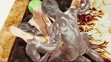 One Piece Yaoi – Zoro in a double anal penetration